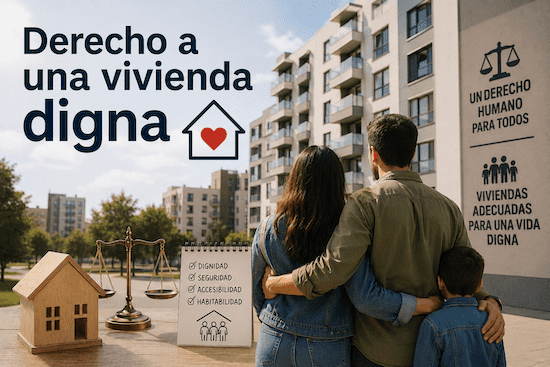 Derecho a una vivienda digna con una familia frente a edificios residenciales y símbolos de acceso a la vivienda.