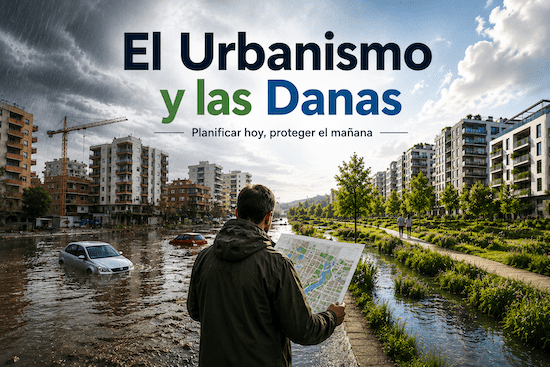 El urbanismo y las danas con una comparación entre una zona urbana inundada y una ciudad diseñada para gestionar el agua de forma sostenible.