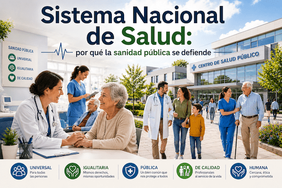 Sistema Nacional de Salud con profesionales sanitarios y pacientes en un centro de salud público representando la importancia de la sanidad pública.