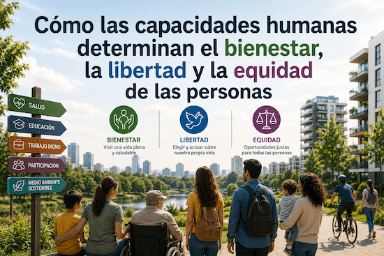 Cómo las capacidades humanas determinan el bienestar, la libertad y la equidad de las personas mediante educación, salud, trabajo digno y participación social.