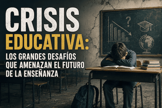 Crisis educativa con un alumno en un aula y una gráfica descendente que refleja los desafíos que amenazan el futuro de la enseñanza.