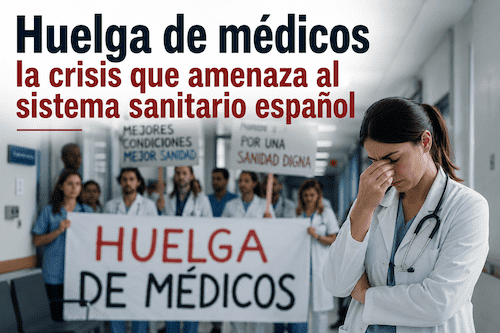 Huelga de médicos en España con profesionales sanitarios protestando por mejores condiciones laborales y una médica preocupada en un hospital.
