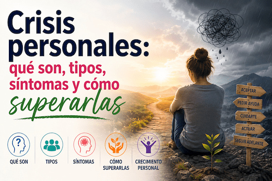 Ilustración sobre las crisis personales con una persona reflexionando entre un entorno oscuro y otro luminoso, representando los tipos, síntomas y cómo superarlas.