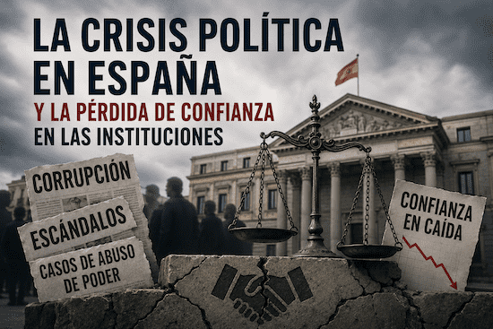 La crisis política en España y la pérdida de confianza en las instituciones representada con símbolos del poder, la justicia y la corrupción.