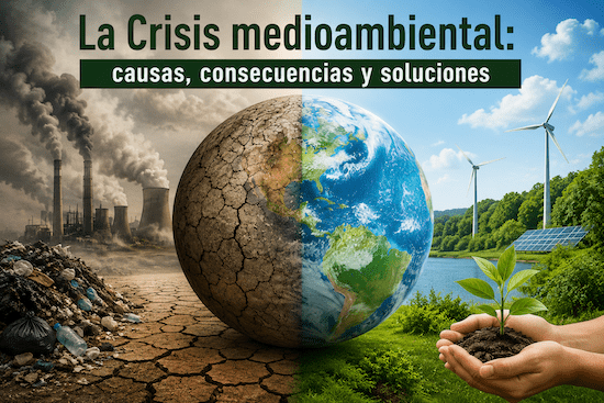 Crisis medioambiental representada por contaminación, sequía y energías renovables