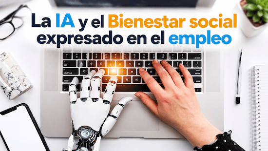 Inteligencia artificial y empleo: mano humana y mano robótica trabajando sobre un ordenador, representando el impacto de la IA en el bienestar social.