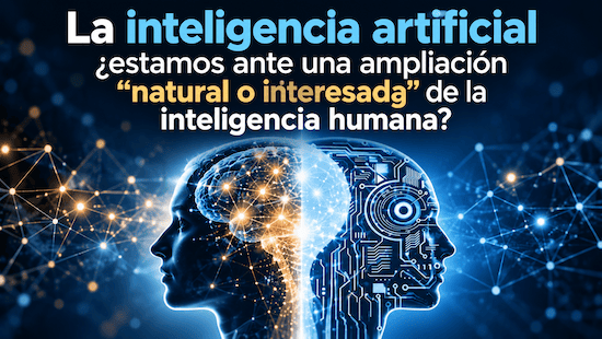 La inteligencia artificial y la inteligencia humana representadas mediante dos perfiles conectados por circuitos y redes neuronales.