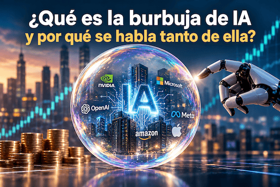 Burbuja de IA que representa las inversiones en inteligencia artificial y el riesgo de una burbuja tecnológica.